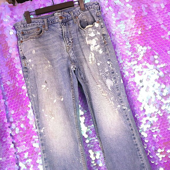 DISTRESSED JEANS 32x32 Old Navy *FLAWED* Whiskered Light Acid Wash Bleached Y2K - Picture 1 of 8